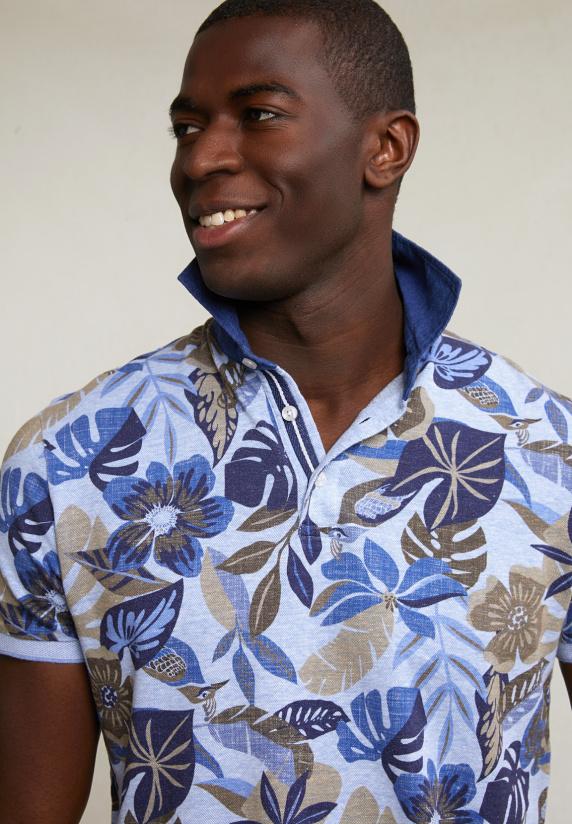 River Woods Custom Fit Katoen-linnen Gebloemde Polo Sky Mix