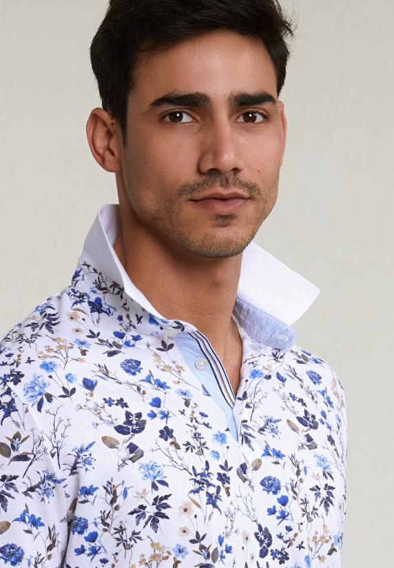 River Woods Custom Fit Katoen-linnen Gebloemde Polo Wit