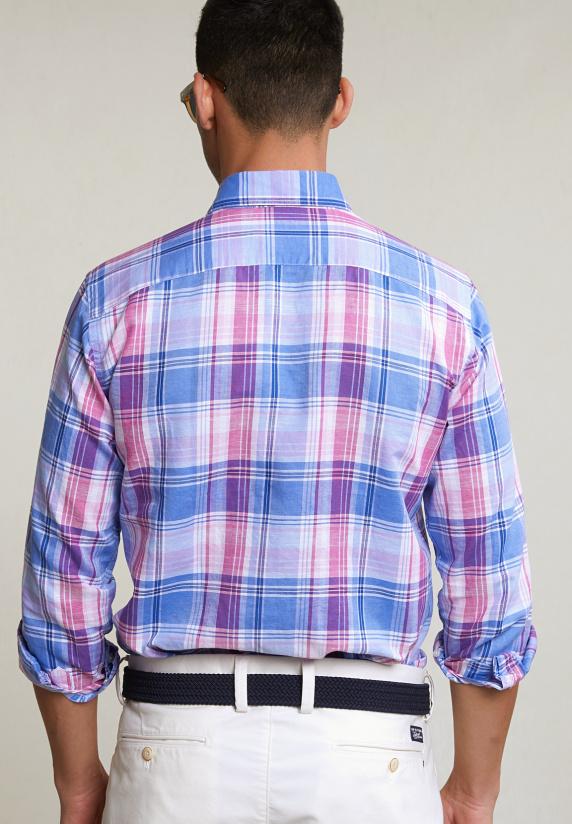 River Woods Custom Fit Katoen-linnen Geruit Hemd Blauw/roze