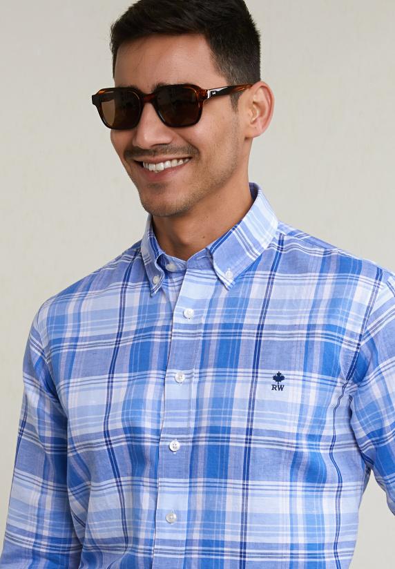 River Woods Custom Fit Katoen-linnen Geruit Hemd Blauw/wit