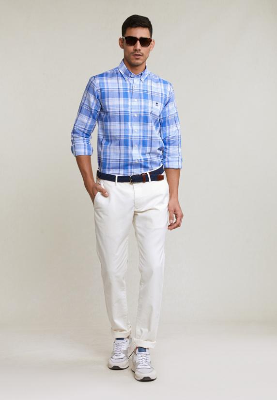 River Woods Custom Fit Katoen-linnen Geruit Hemd Blauw/wit