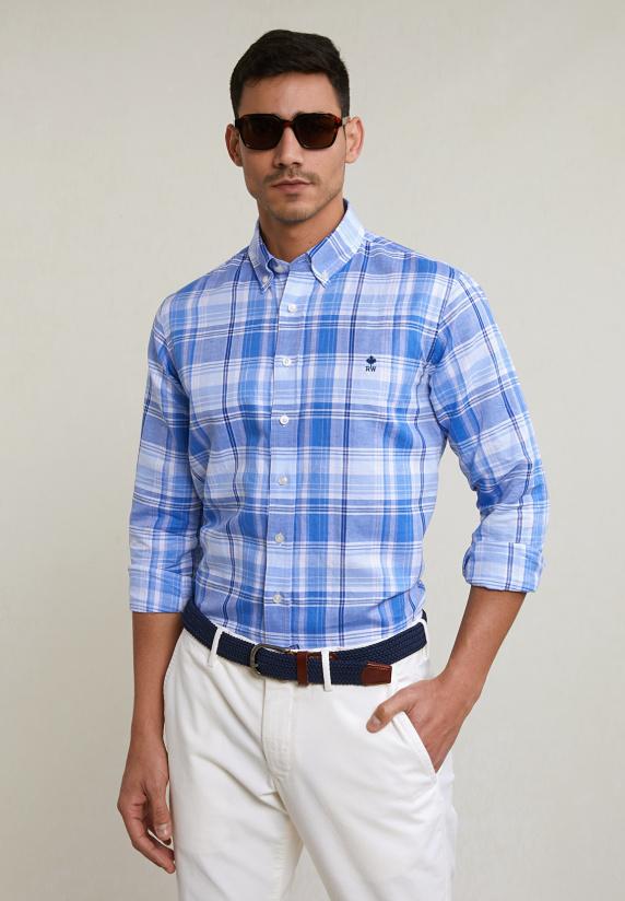 river woods Custom fit katoen-linnen geruit hemd blauw/wit