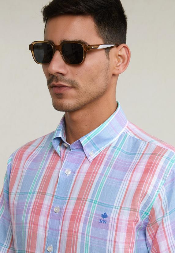 River Woods Custom Fit Katoen-linnen Geruit Hemd Multi