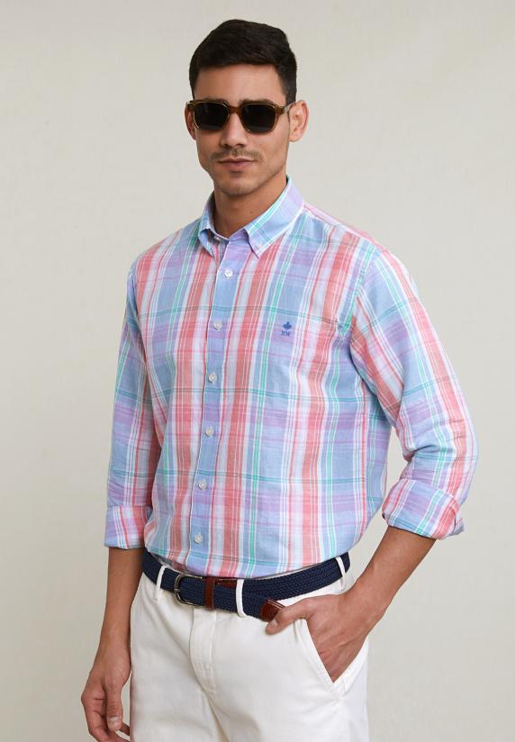 river woods Custom fit katoen-linnen geruit hemd multi