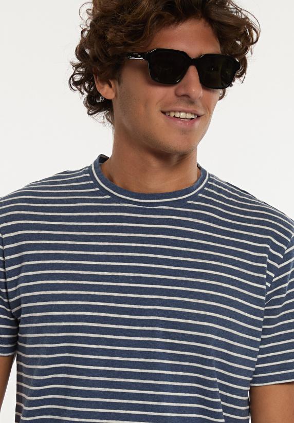 River Woods Custom Fit Katoen-linnen Gestreepte T-shirt Moonlight Mix