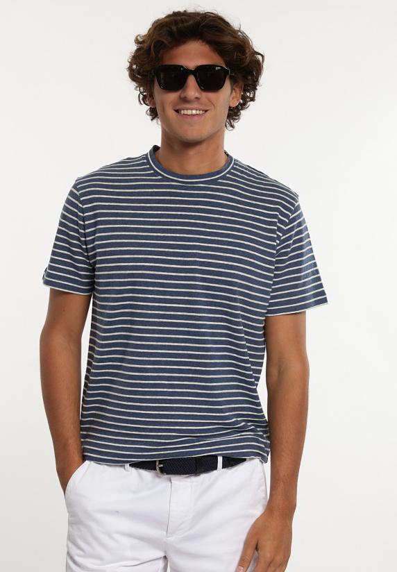 river woods Custom fit katoen-linnen gestreepte T-shirt moonlight mix