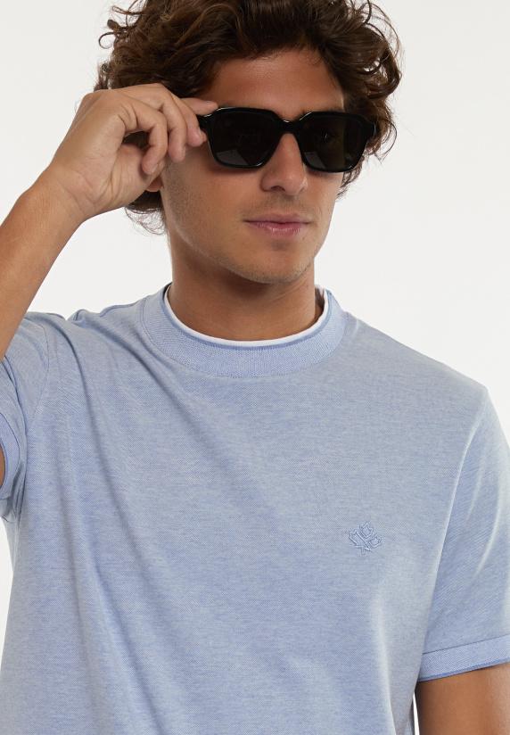 River Woods Custom Fit Katoen-zijde Piqué T-shirt Chambray Mix