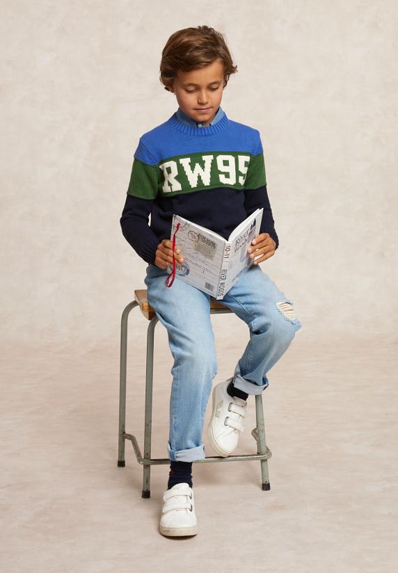 River Woods Custom Fit Katoenen Fancy Trui Ronde Hals Caribbean Blue