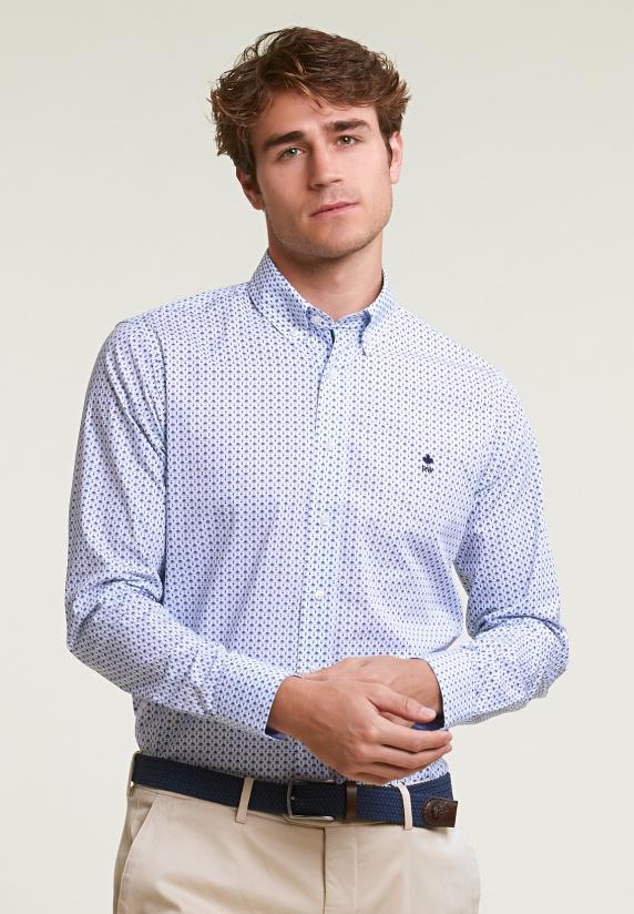 river woods Custom fit katoenen fantasiehemd blauw/wit