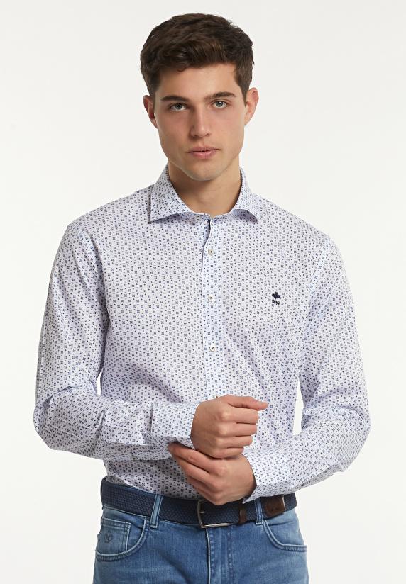 river woods Custom fit katoenen fantasiehemd blauw/wit