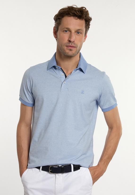 river woods Custom fit katoenen fijn gestreepte polo dk soft persian blue mix