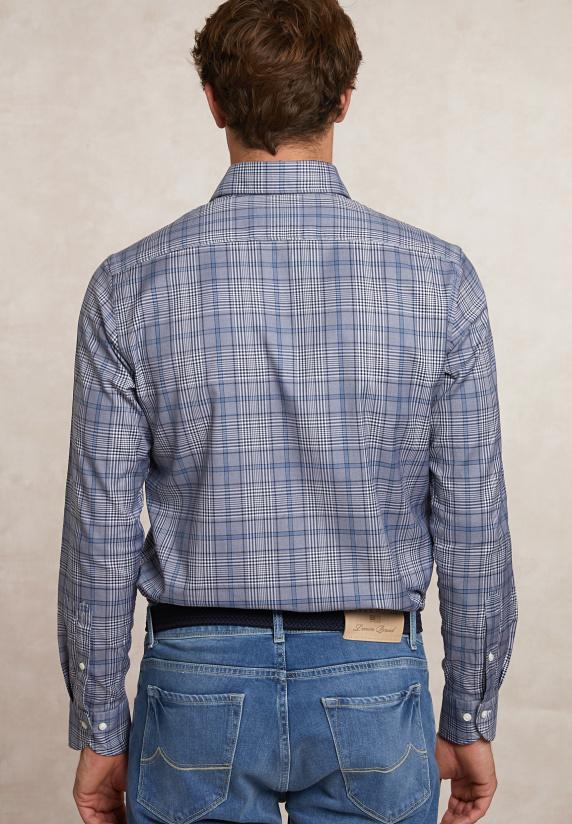 River Woods Custom Fit Katoenen Geruit Hemd Blauw/grijs