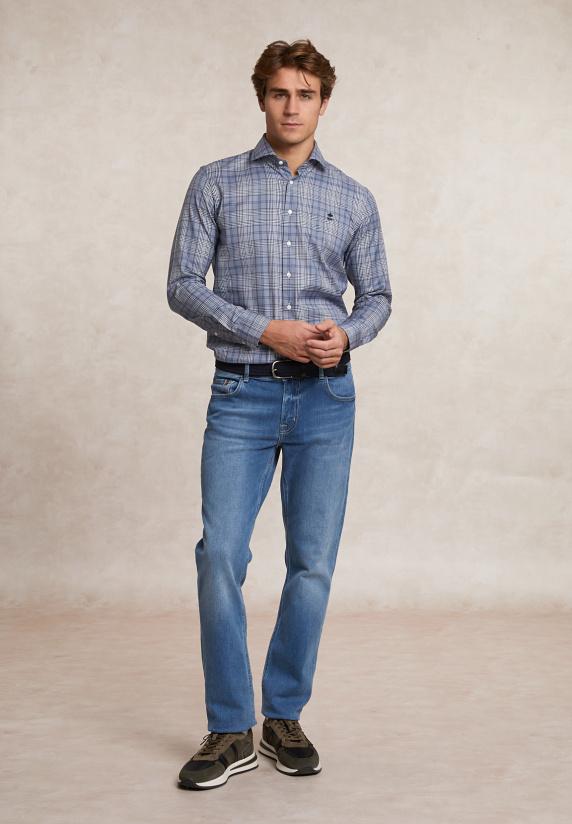 River Woods Custom Fit Katoenen Geruit Hemd Blauw/grijs