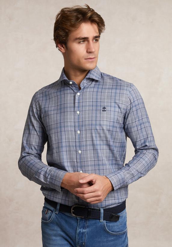 river woods Custom fit katoenen geruit hemd blauw/grijs