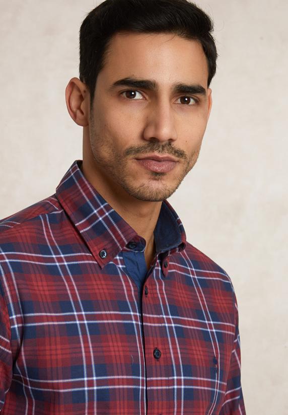 River Woods Custom Fit Katoenen Geruit Hemd Blauw/rood