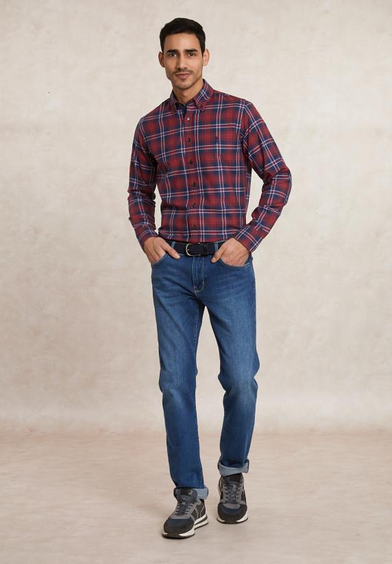 River Woods Custom Fit Katoenen Geruit Hemd Blauw/rood