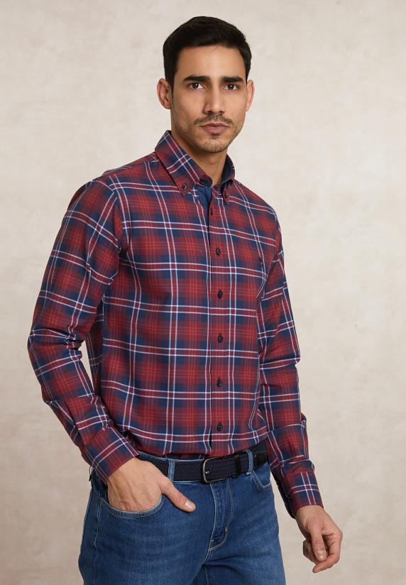 river woods Custom fit katoenen geruit hemd blauw/rood