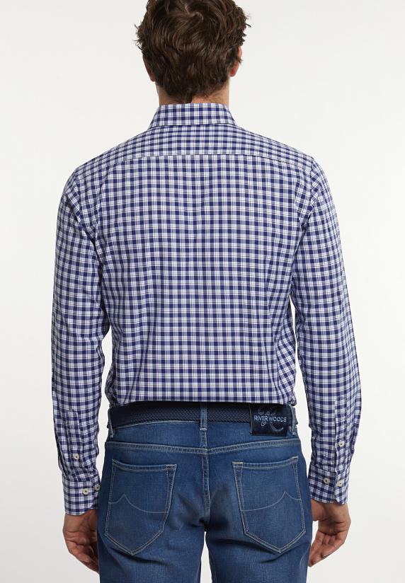 River Woods Custom Fit Katoenen Geruit Hemd Blauw-wit