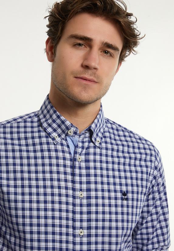 River Woods Custom Fit Katoenen Geruit Hemd Blauw-wit