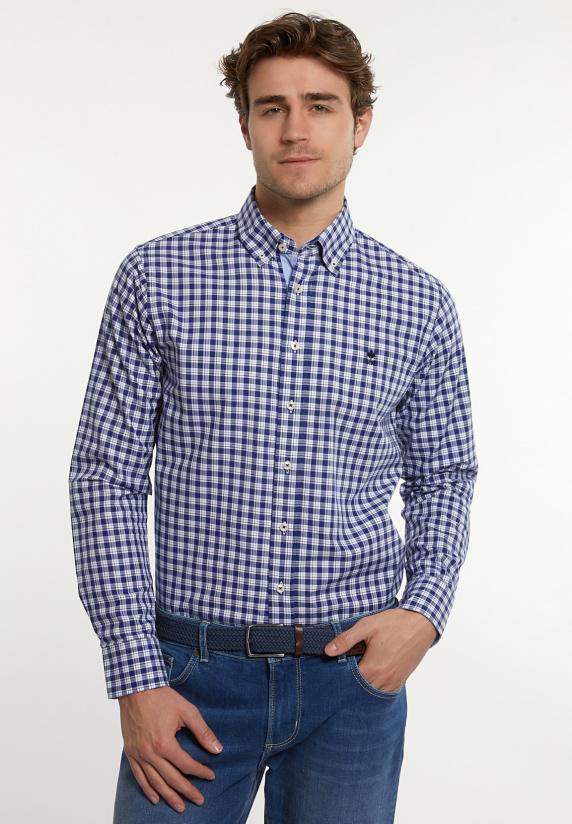 river woods Custom fit katoenen geruit hemd blauw-wit