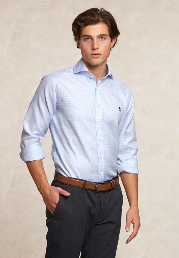 river woods Custom fit katoenen geruit hemd blauw/wit