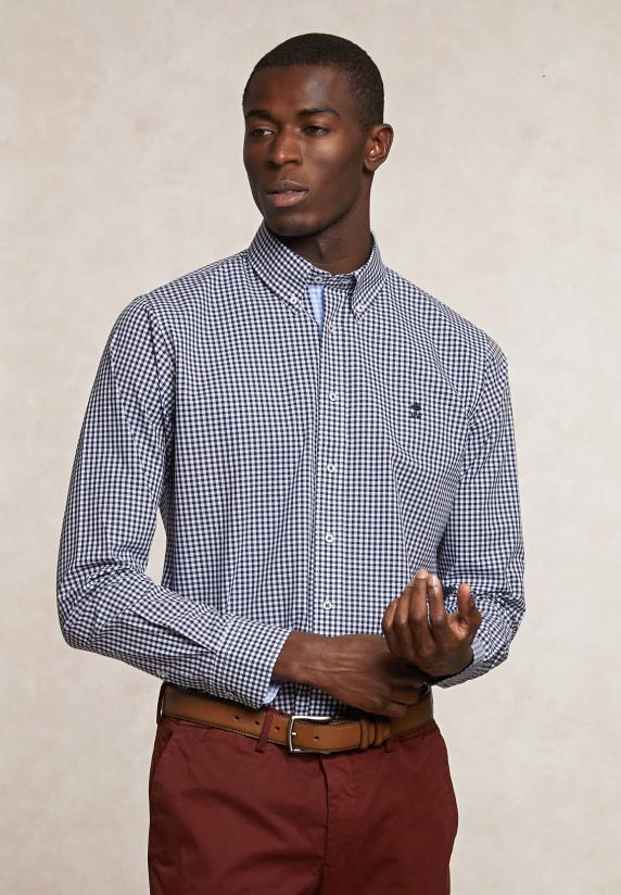 river woods Custom fit katoenen geruit hemd blauw/wit