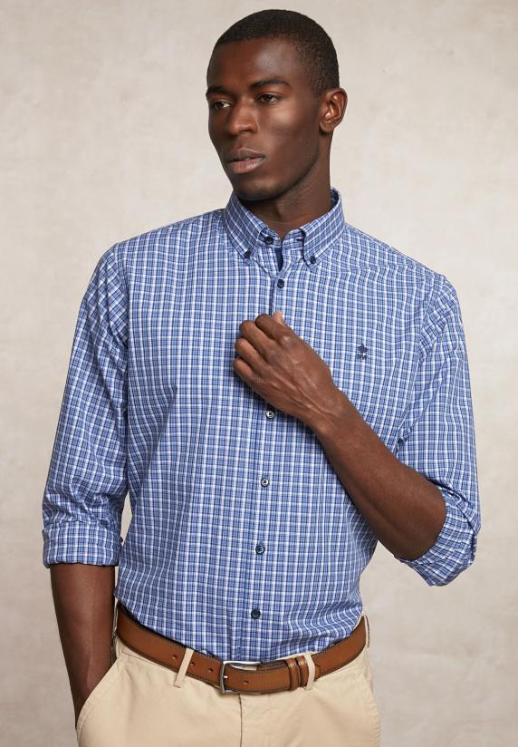 river woods Custom fit katoenen geruit hemd blauw/wit