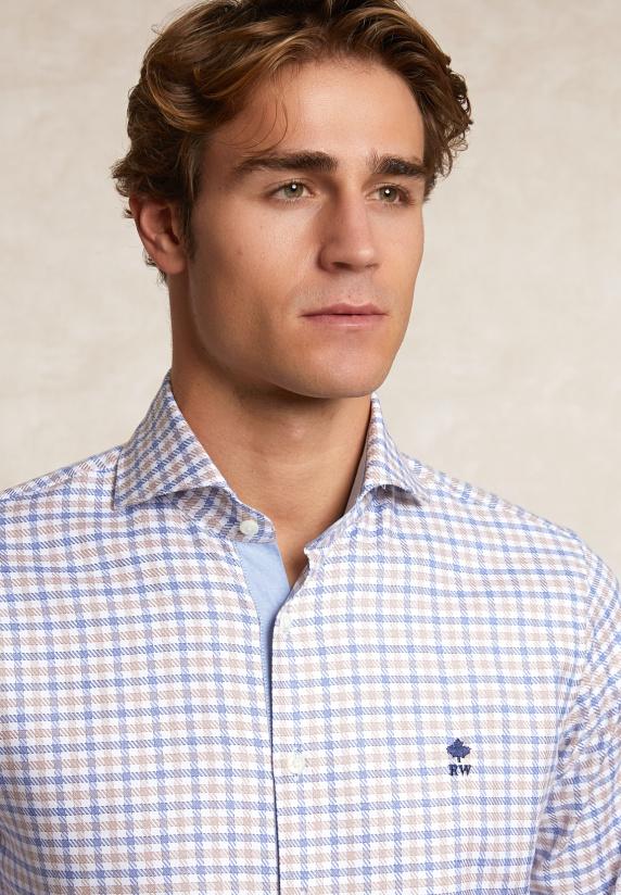 River Woods Custom Fit Katoenen Geruit Hemd Bruin/blauw