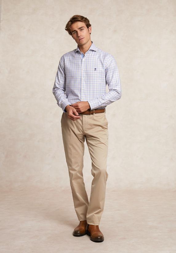 River Woods Custom Fit Katoenen Geruit Hemd Bruin/blauw