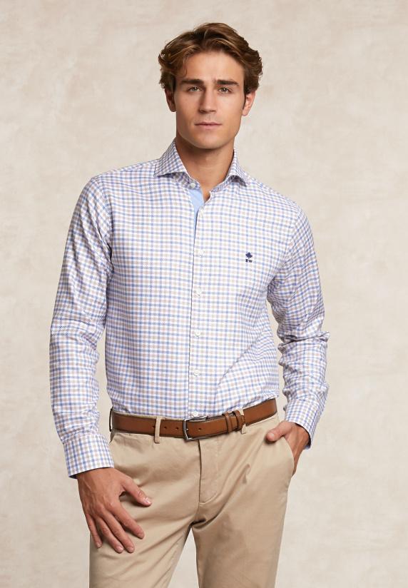 river woods Custom fit katoenen geruit hemd bruin/blauw
