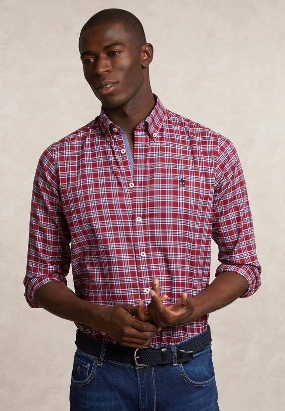 river woods Custom fit katoenen geruit hemd rood/wit