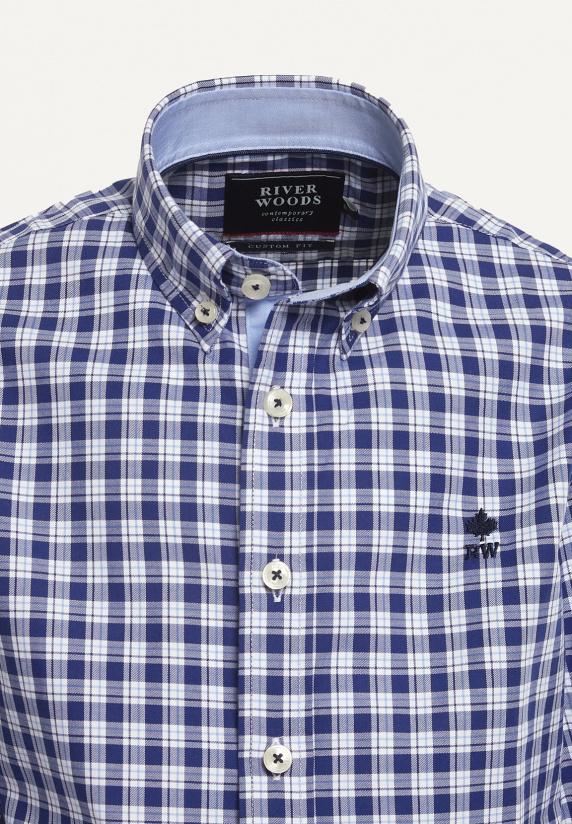 River Woods Custom Fit Katoenen Geruit Hemd Wit/blauw