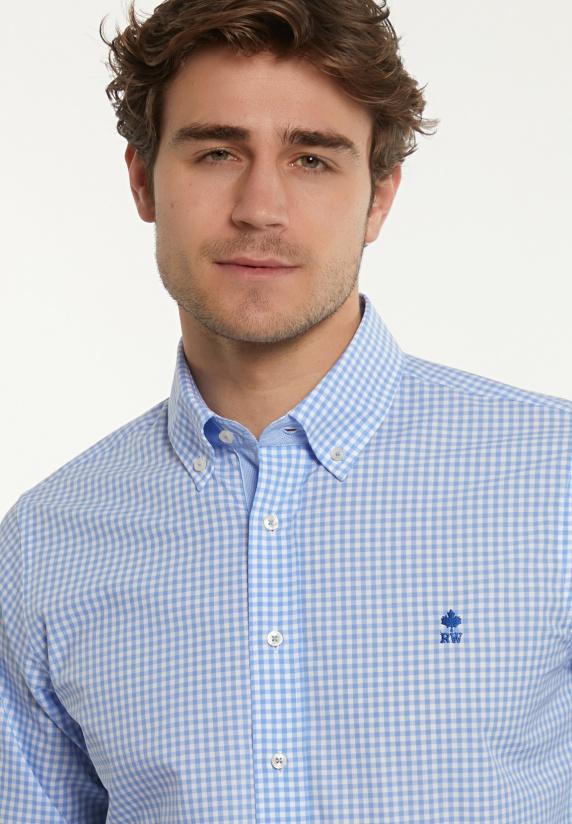 River Woods Custom Fit Katoenen Geruit Hemd Wit-blauw