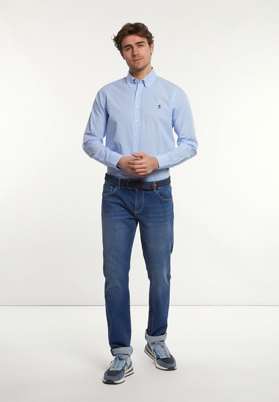 River Woods Custom Fit Katoenen Geruit Hemd Wit-blauw