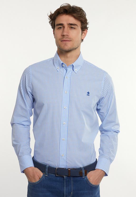 river woods Custom fit katoenen geruit hemd wit-blauw