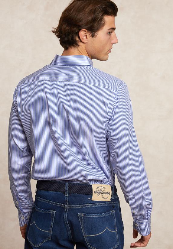 River Woods Custom Fit Katoenen Gestreept Hemd Blauw/wit