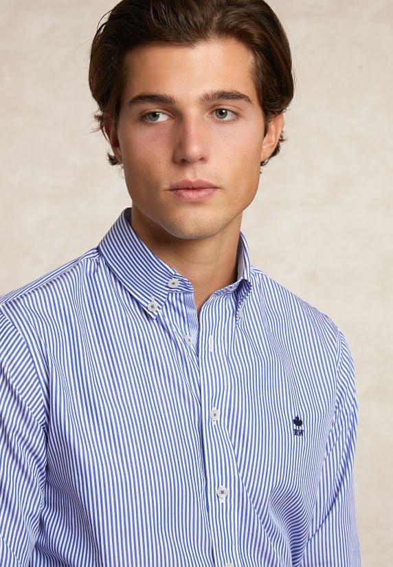 River Woods Custom Fit Katoenen Gestreept Hemd Blauw/wit