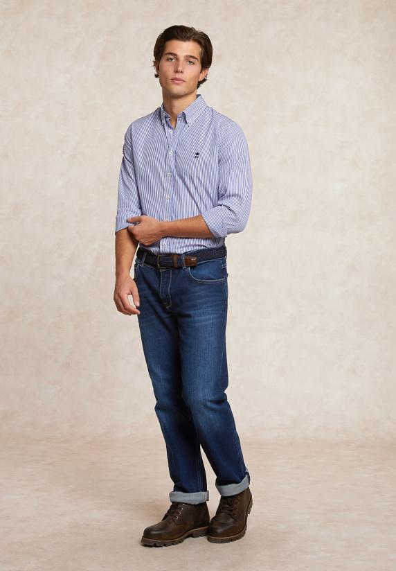 River Woods Custom Fit Katoenen Gestreept Hemd Blauw/wit