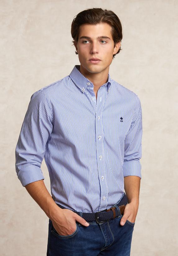 River Woods Custom Fit Katoenen Gestreept Hemd Blauw/wit