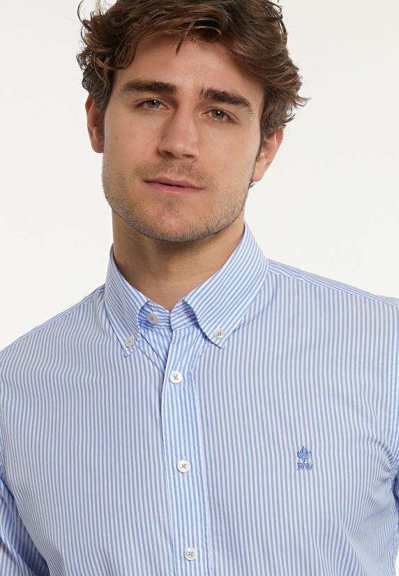 River Woods Custom Fit Katoenen Gestreept Hemd Blauw/ Wit