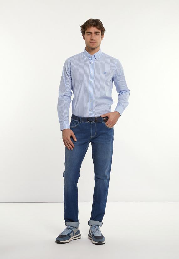 River Woods Custom Fit Katoenen Gestreept Hemd Blauw/ Wit