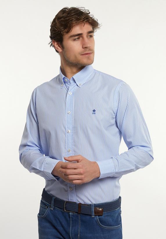 river woods Custom fit katoenen gestreept hemd blauw/ wit