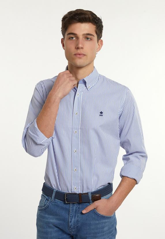 river woods Custom fit katoenen gestreept hemd blauw/wit