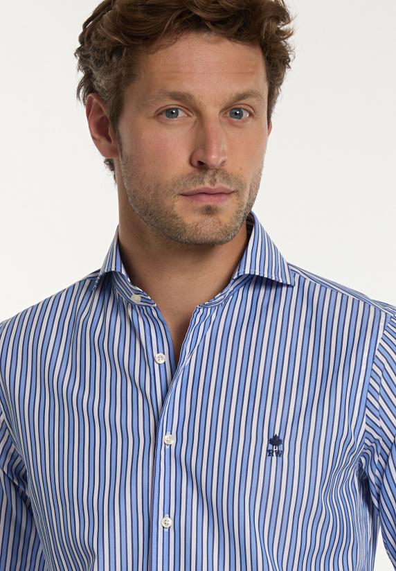 River Woods Custom Fit Katoenen Gestreept Hemd Blauw/wit