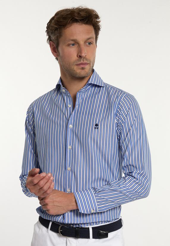 river woods Custom fit katoenen gestreept hemd blauw/wit