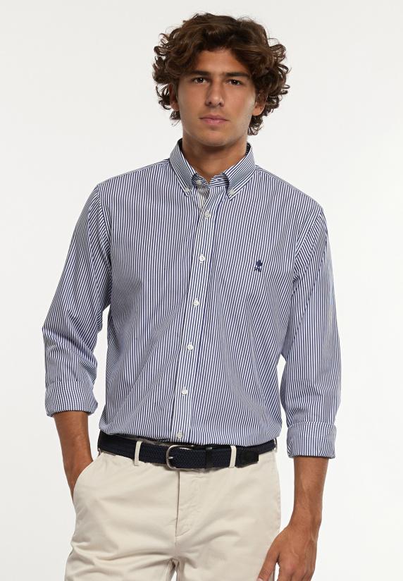 river woods Custom fit katoenen gestreept hemd blauw/wit