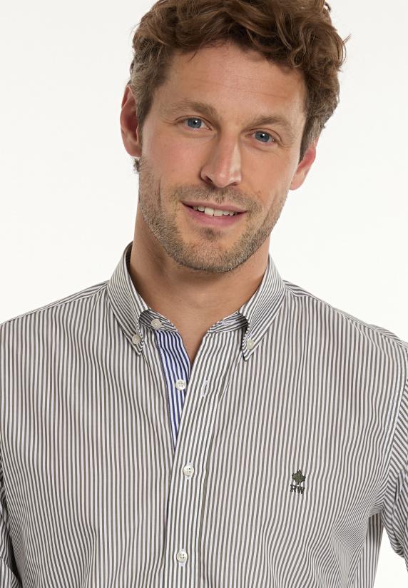 River Woods Custom Fit Katoenen Gestreept Hemd Kaki/wit