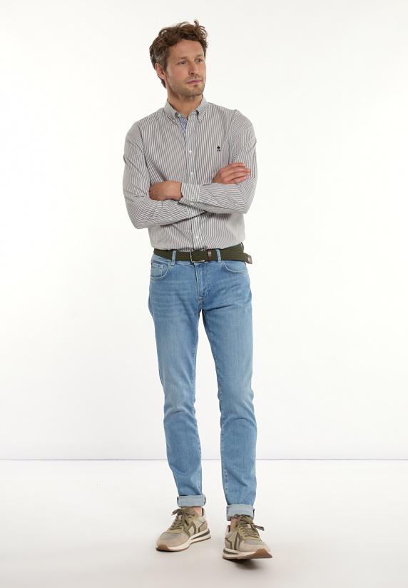 River Woods Custom Fit Katoenen Gestreept Hemd Kaki/wit