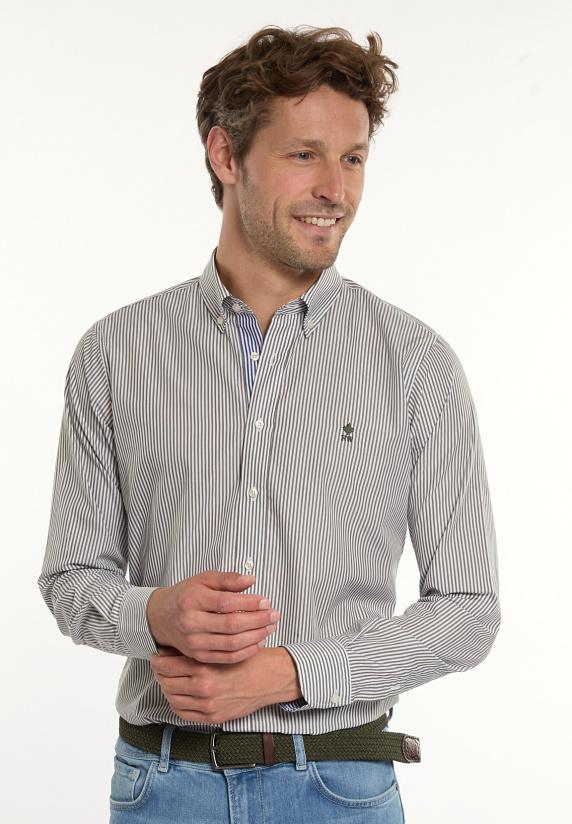 river woods Custom fit katoenen gestreept hemd kaki/wit