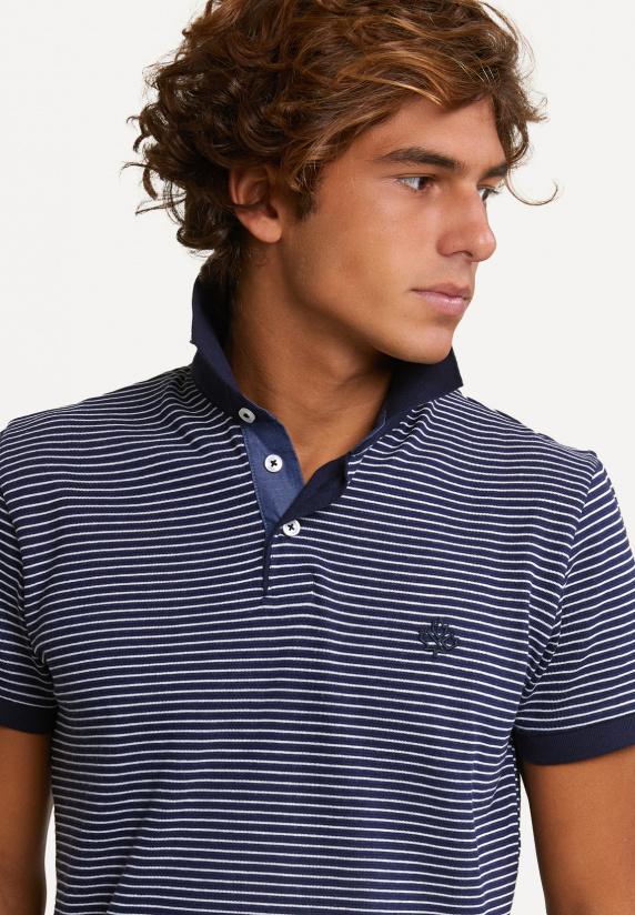 River Woods Custom Fit Katoenen Gestreepte Polo Korte Mouwen Navy